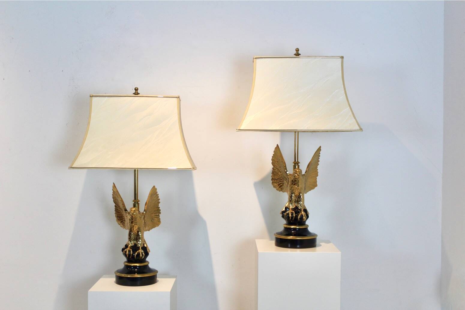 Pair of large Belgian brass carved eagle table lamps