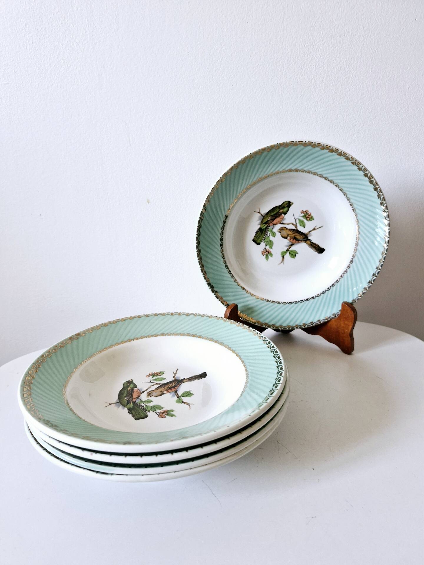 5 assiettes creuses Badonviller oiseaux liseré doré