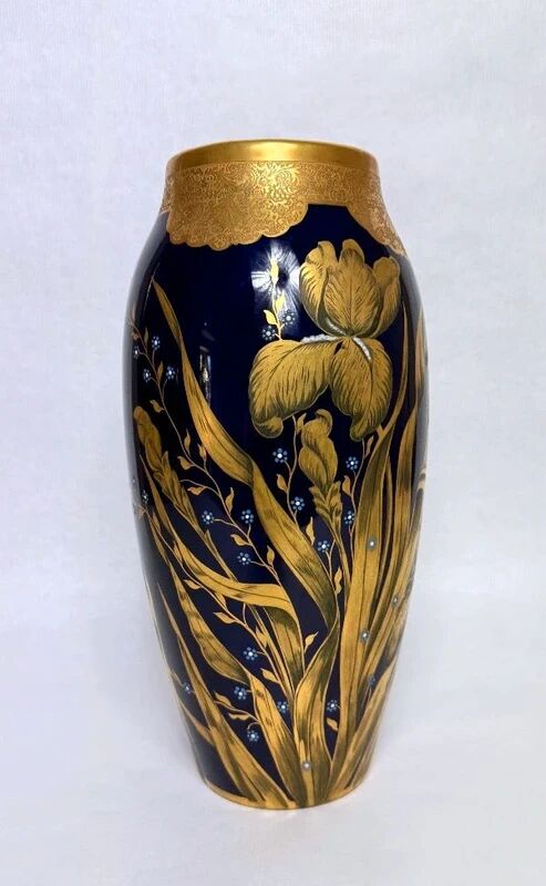 Lucien Michelaud, Limoges, large blue porcelain vase from the kiln with iris decoration.