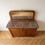 Buffet ancien en ronce de bois avec marbre et miroir