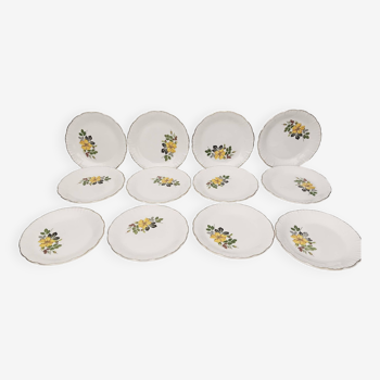 12 Digoin & sarreguemines dessert plates - Rivoli model - yellow flower patterns Diameter: 18.5