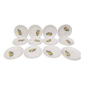 12 assiettes à dessert Digoin & sarreguemines - Modèle Rivoli - motifs fleurs jaunes Diamètre : 18,5