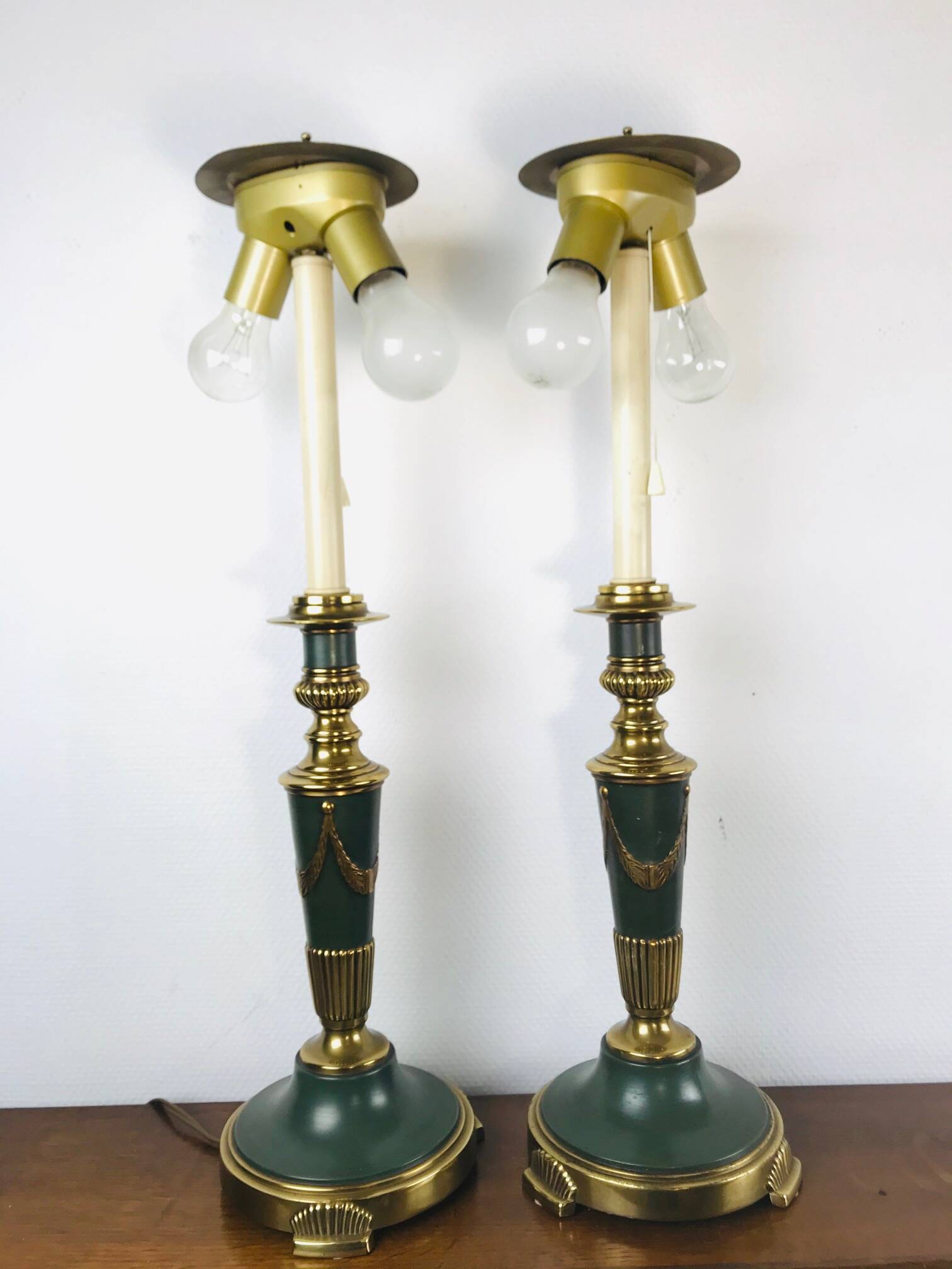 Vintage dutch brass and green table lamps from kullmann, 1970s, set of 2 table lamps. baroque