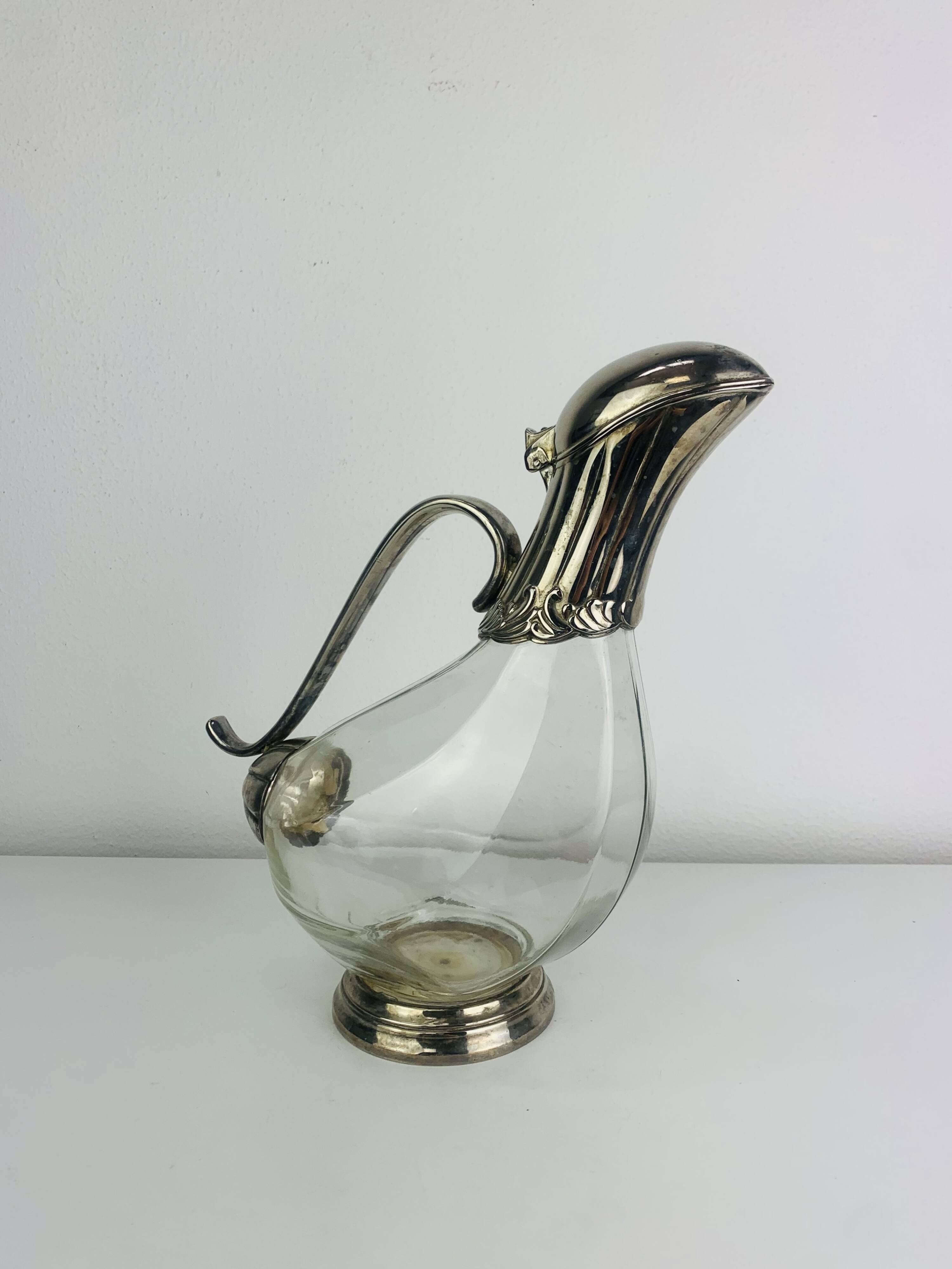 Silver-plated wine carafe jug, duck