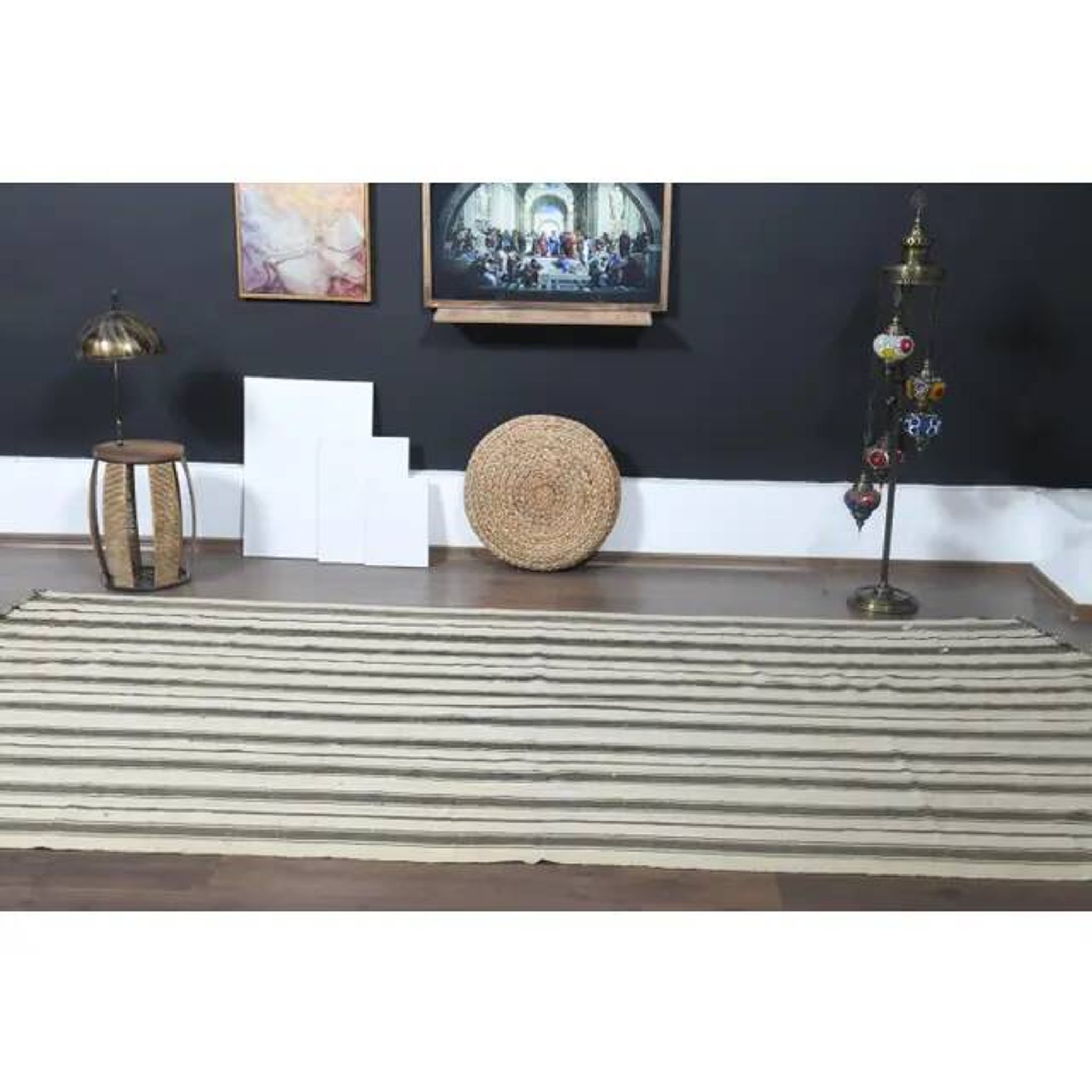 1970s Vintage Turkish Handmade Wool Cotton Brown Kilim Rug 173x369