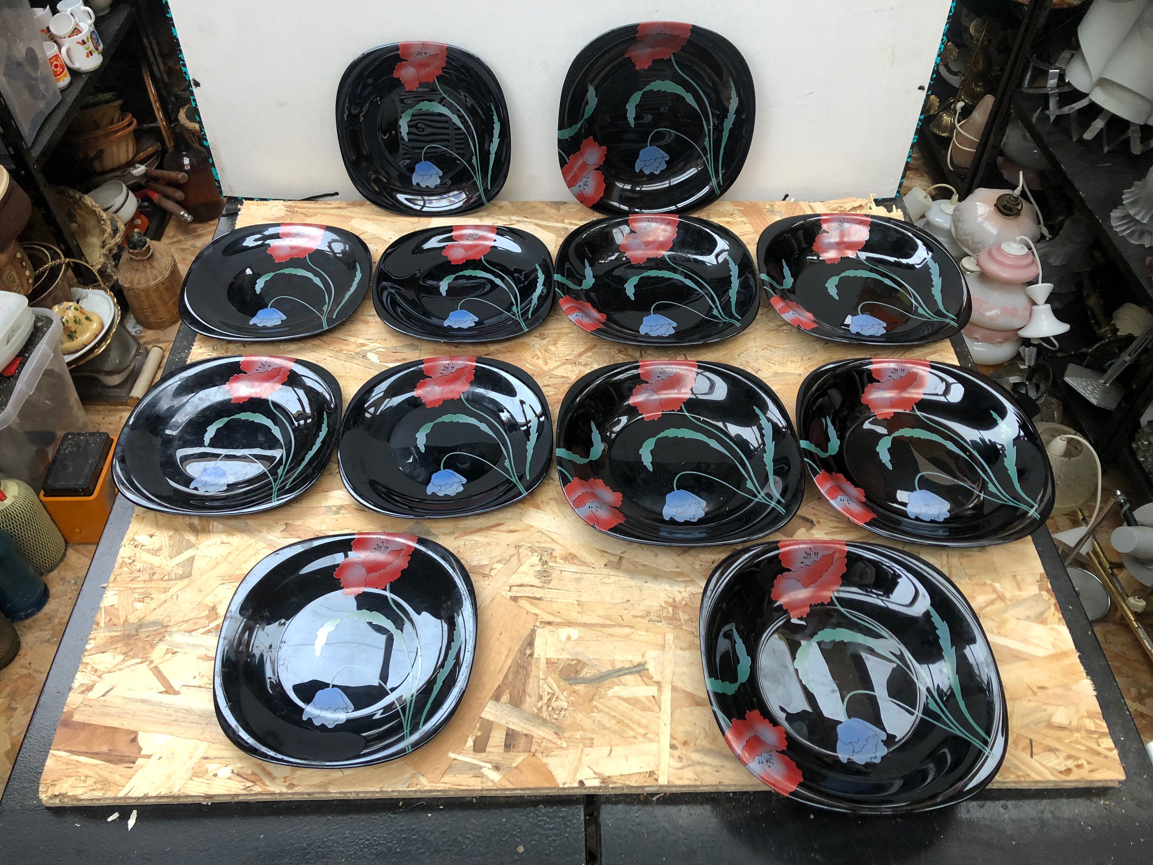 Series 12 old black opaline plates with vintage art deco flower decor