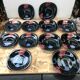 Series 12 old black opaline plates with vintage art deco flower decor