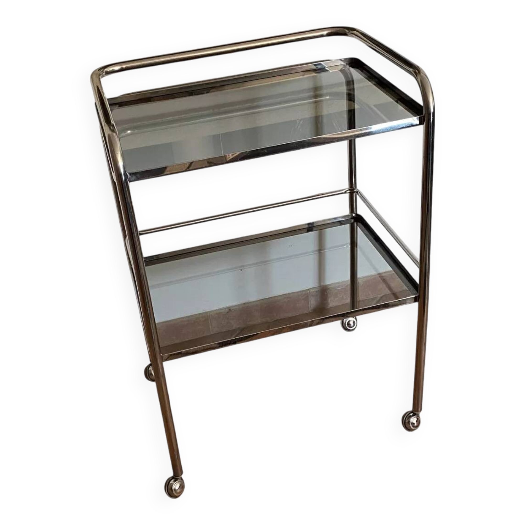 Trolley on wheels in chromed metal and smoked glass, 1970