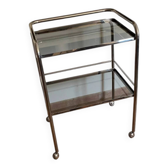 Trolley on wheels in chromed metal and smoked glass, 1970