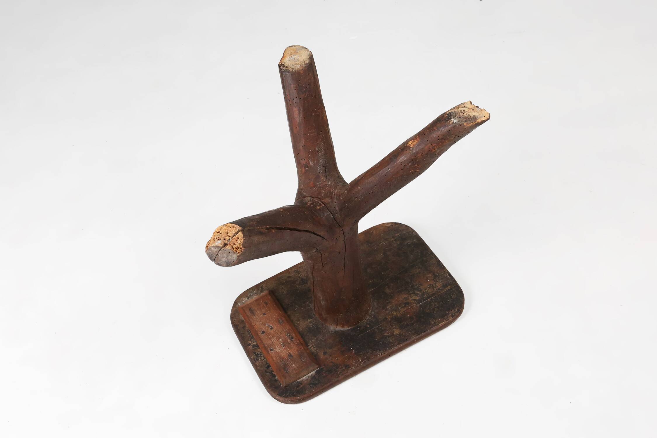 Rustic mid-century wooden stool with legs made of a tree branch, France, 1850