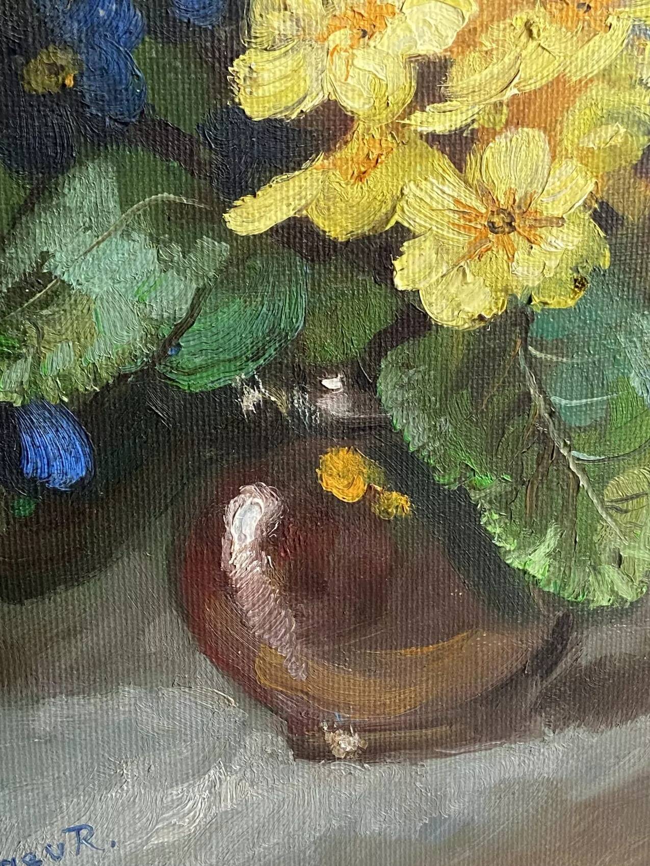 Old painting primroses signed Rinat Animaev – Russian school – oil on