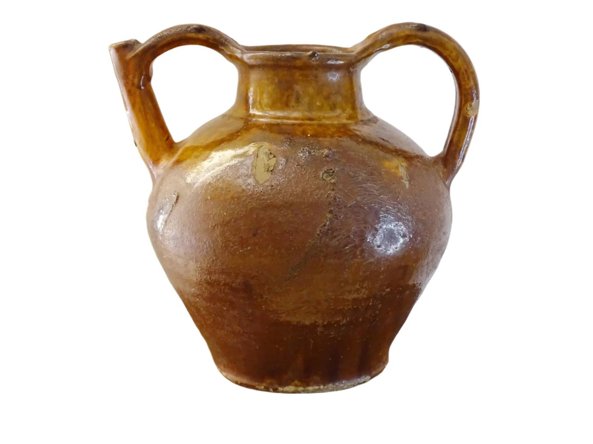 Céramique ancienne française en orjol ou cruche à glaçure rouge et jaune