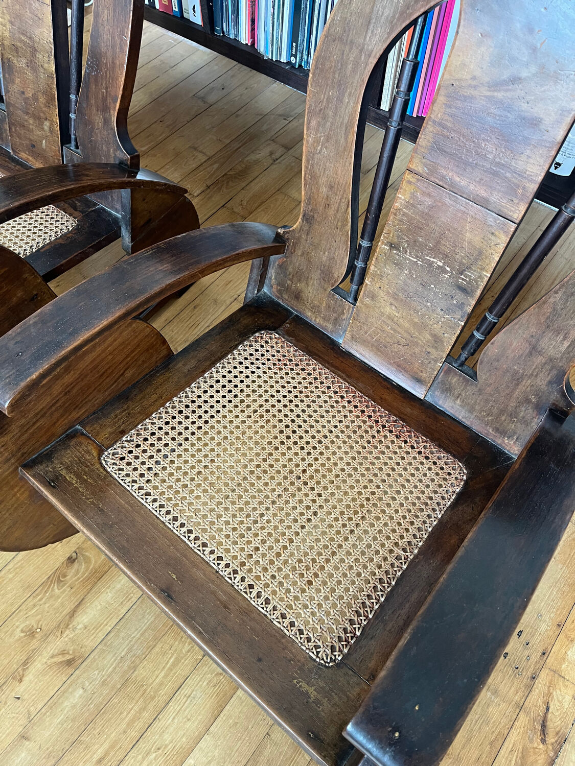 Pair of Art Deco armchairs in wood and cane.