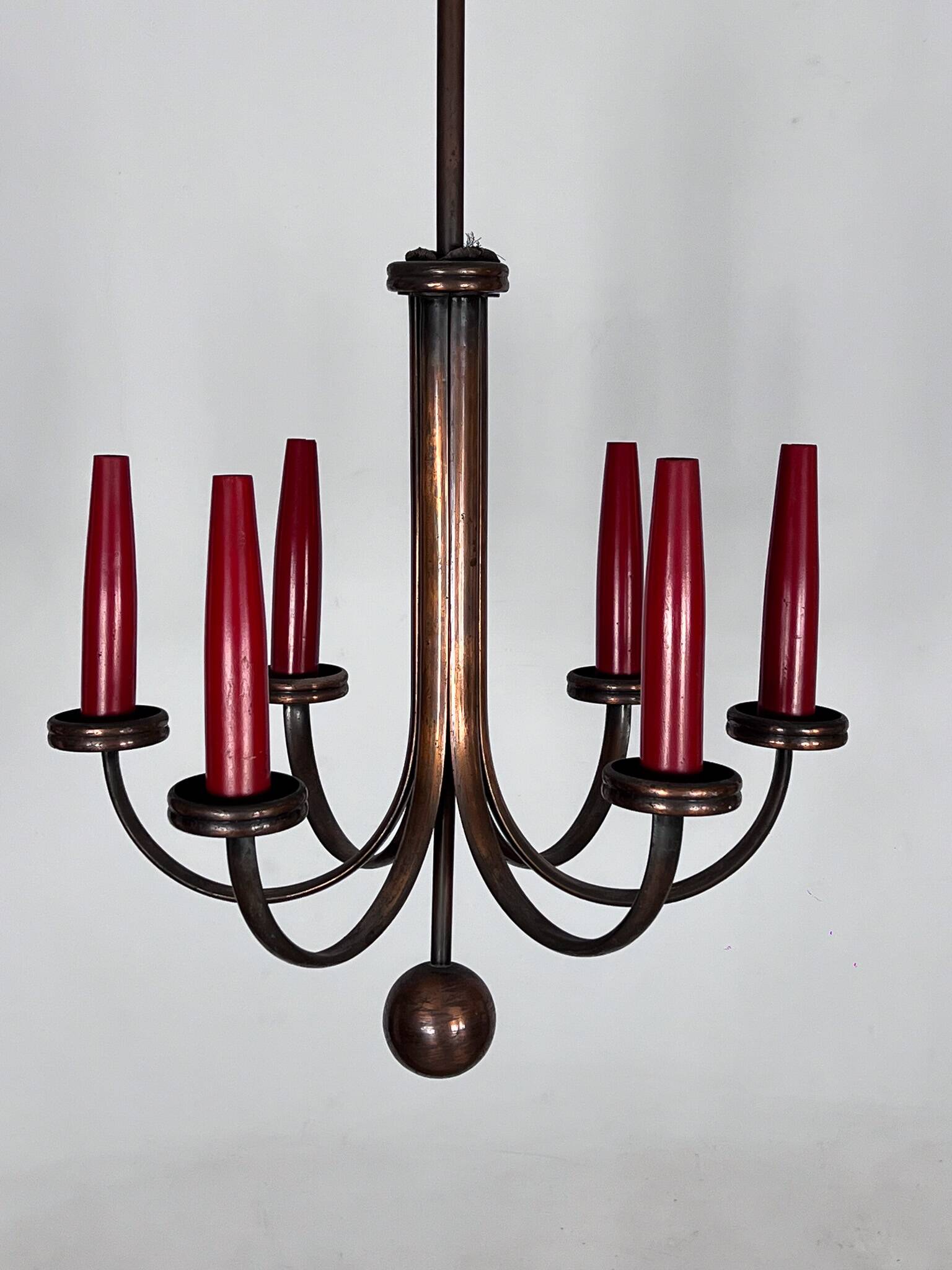 Mid-Century Modern six arms copper chandelier in Gio Ponti style. Italy 195
