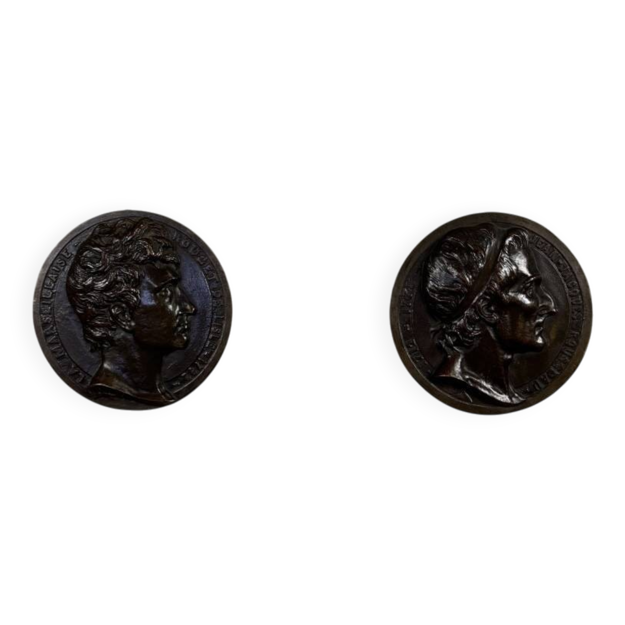Pair of bronze medallions, Rouget de Lille and J.J. Rousseau