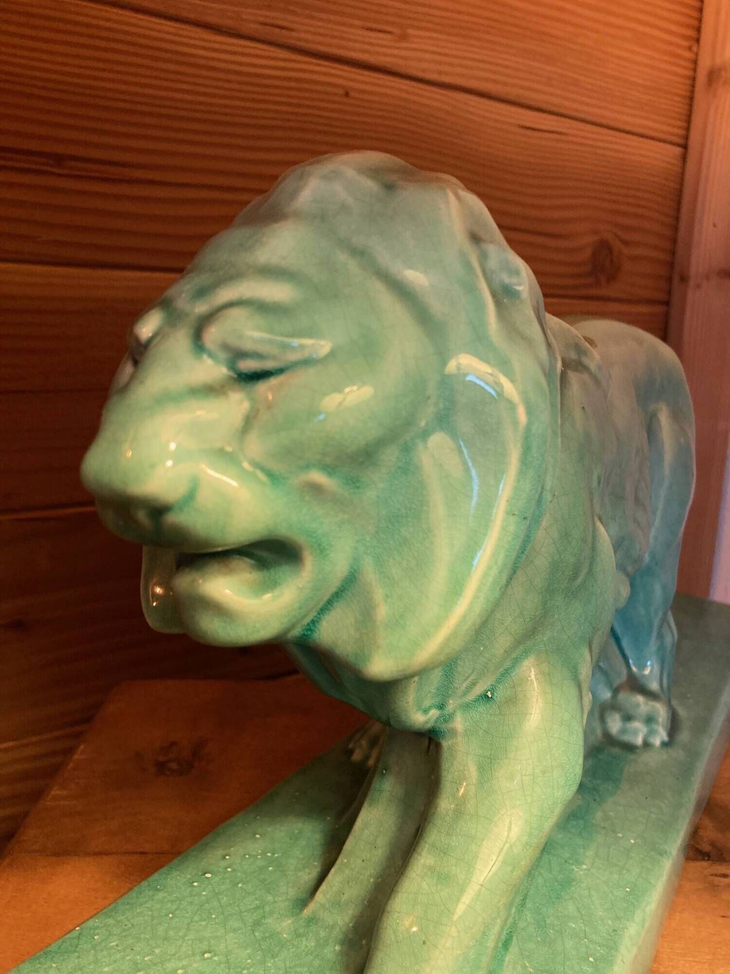 Large Art Deco lion sculpture, in crackled enamel, Peugeot, 1934, Le Jan