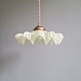 Art Deco pendant light in speckled green and white pleated glass, 1920s-30s.