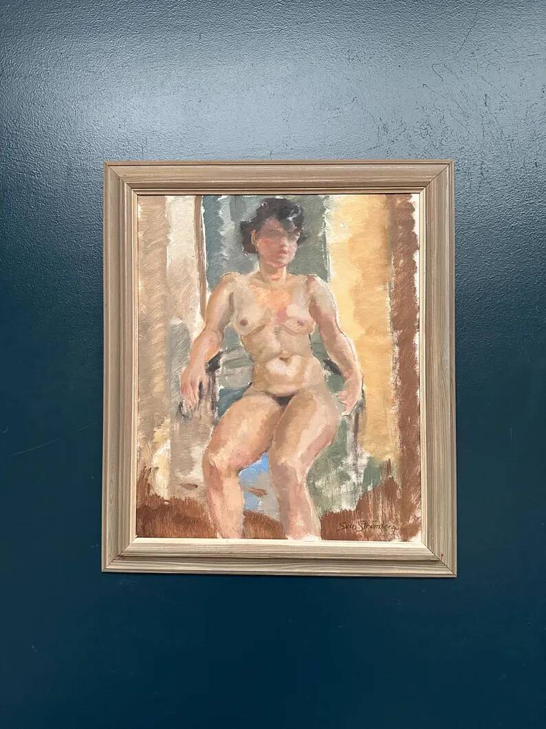 Huile sur toile originale – “Dame assise” par Sven Strömberg – Signée – Vintage et encadrée