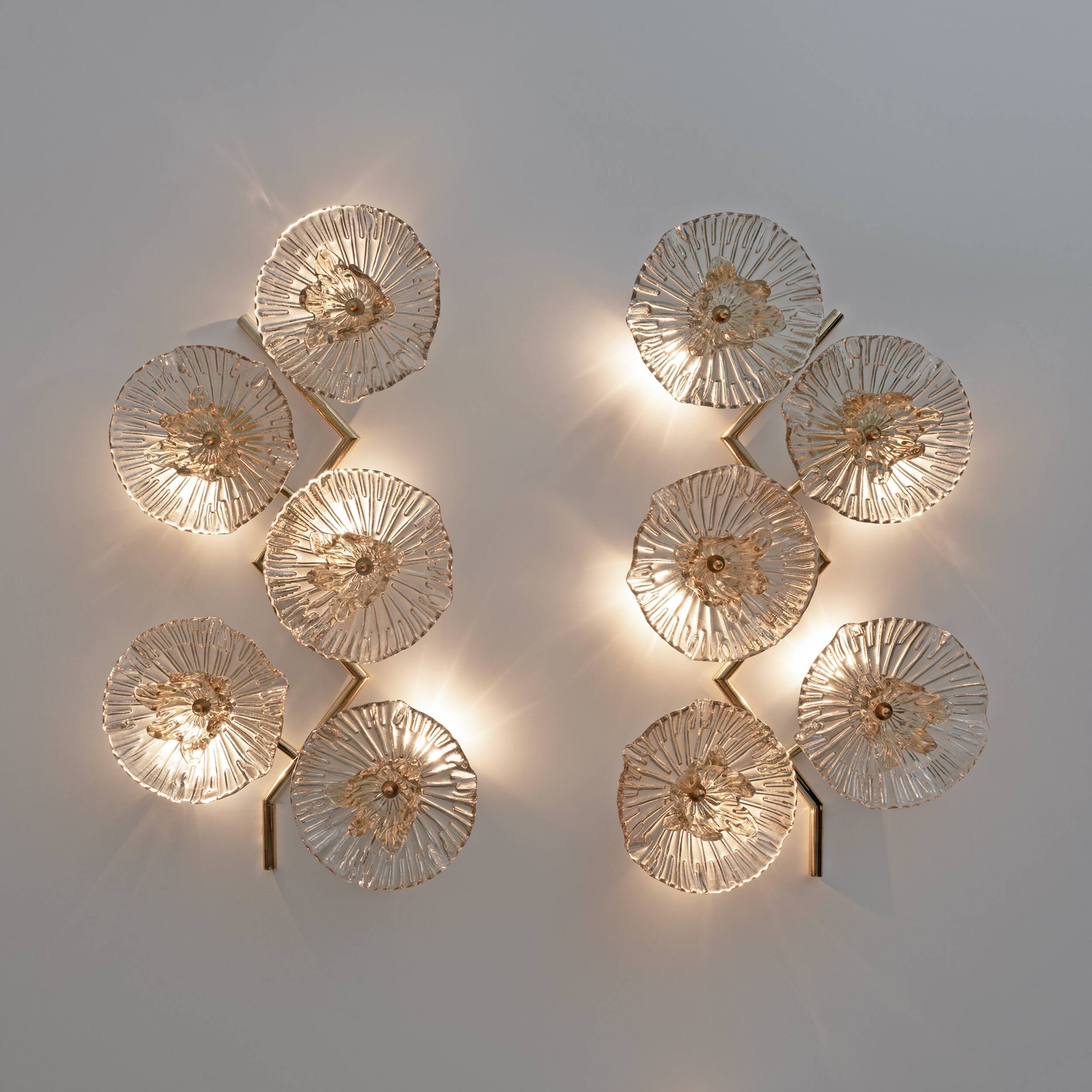 Pair of Modern Italian Murano Glass and Brass Flowers Wall Lamps