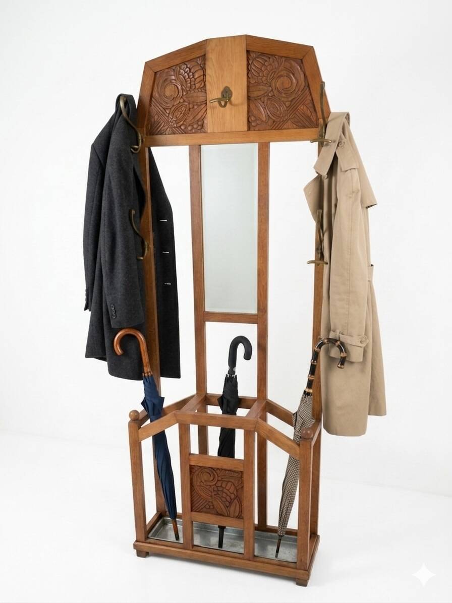 Art Deco coat rack wardrobe in solid oak