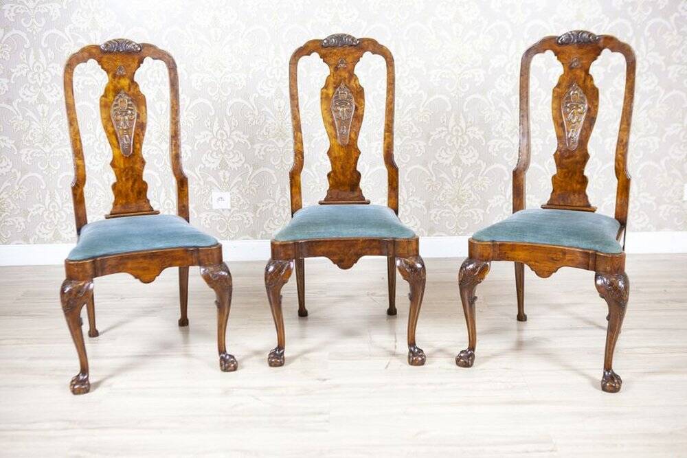 Vintage English Walnut Chairs, 1920s, Set of 3