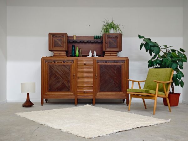 Buffet haut art and craft Art déco français en bois blond 1950 1960