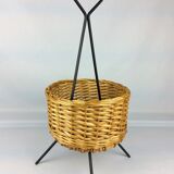 Black metal rattan trash can on 1960