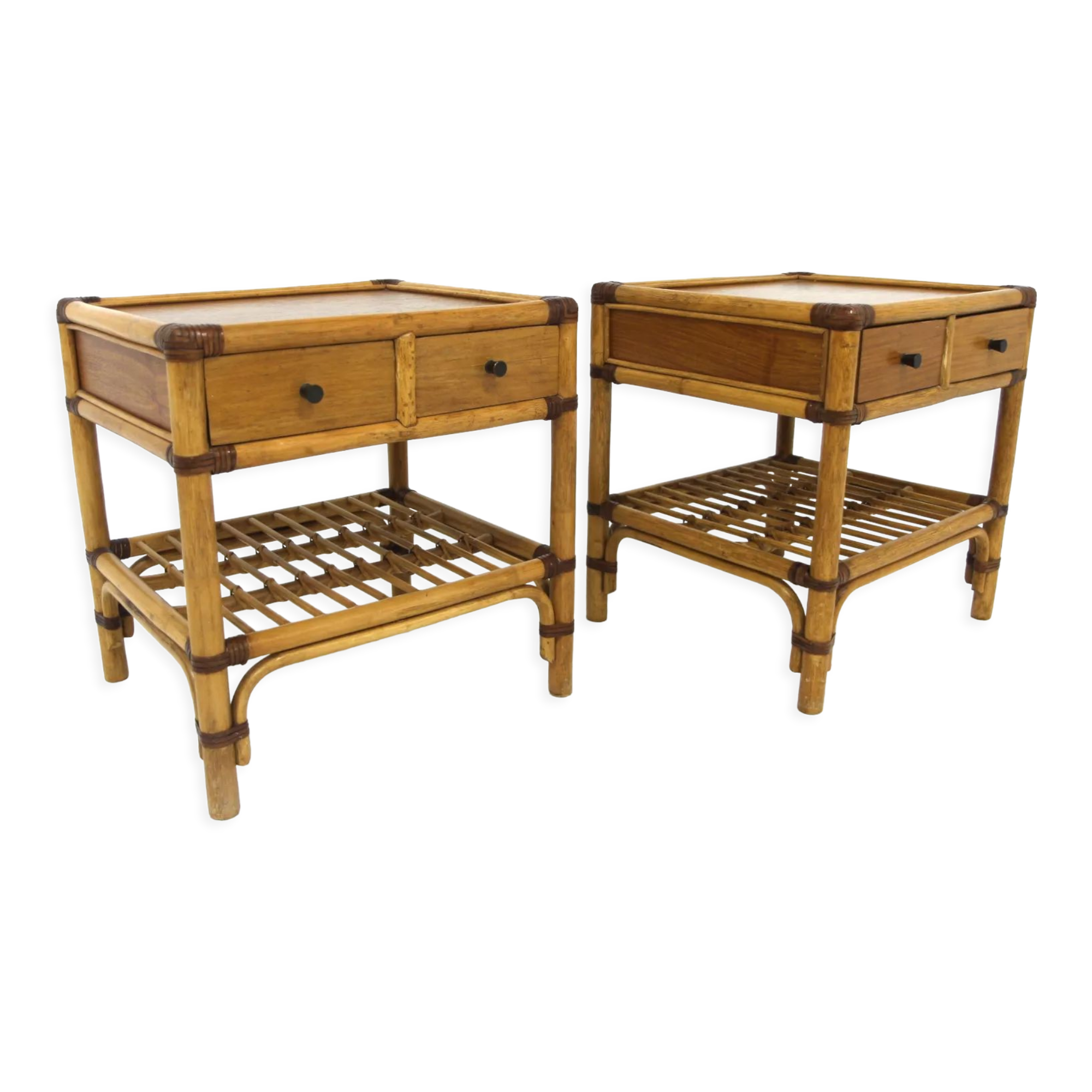 Set of 2 rattan bedside tables, Dux, Sweden, 1960