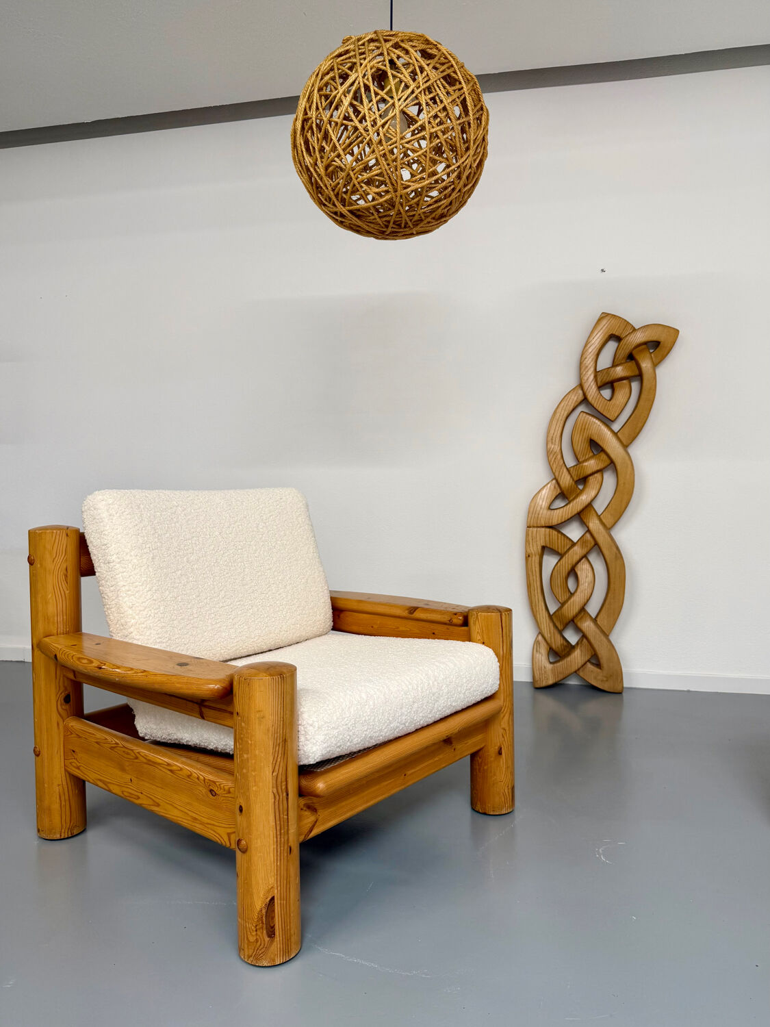 Twisted solid wood sculpture, vintage 1970s design.