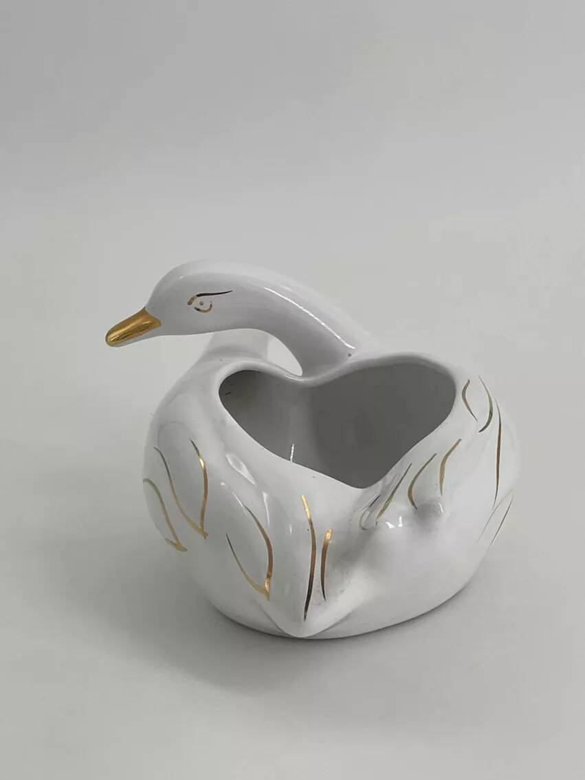 Vintage white and gold porcelain two swan planter