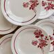6 vintage dessert plates Moulin des Loups with burgundy floral decoration.