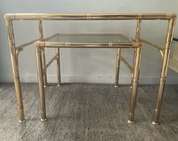 Duo tables gigognes dorées décor bambou années 70