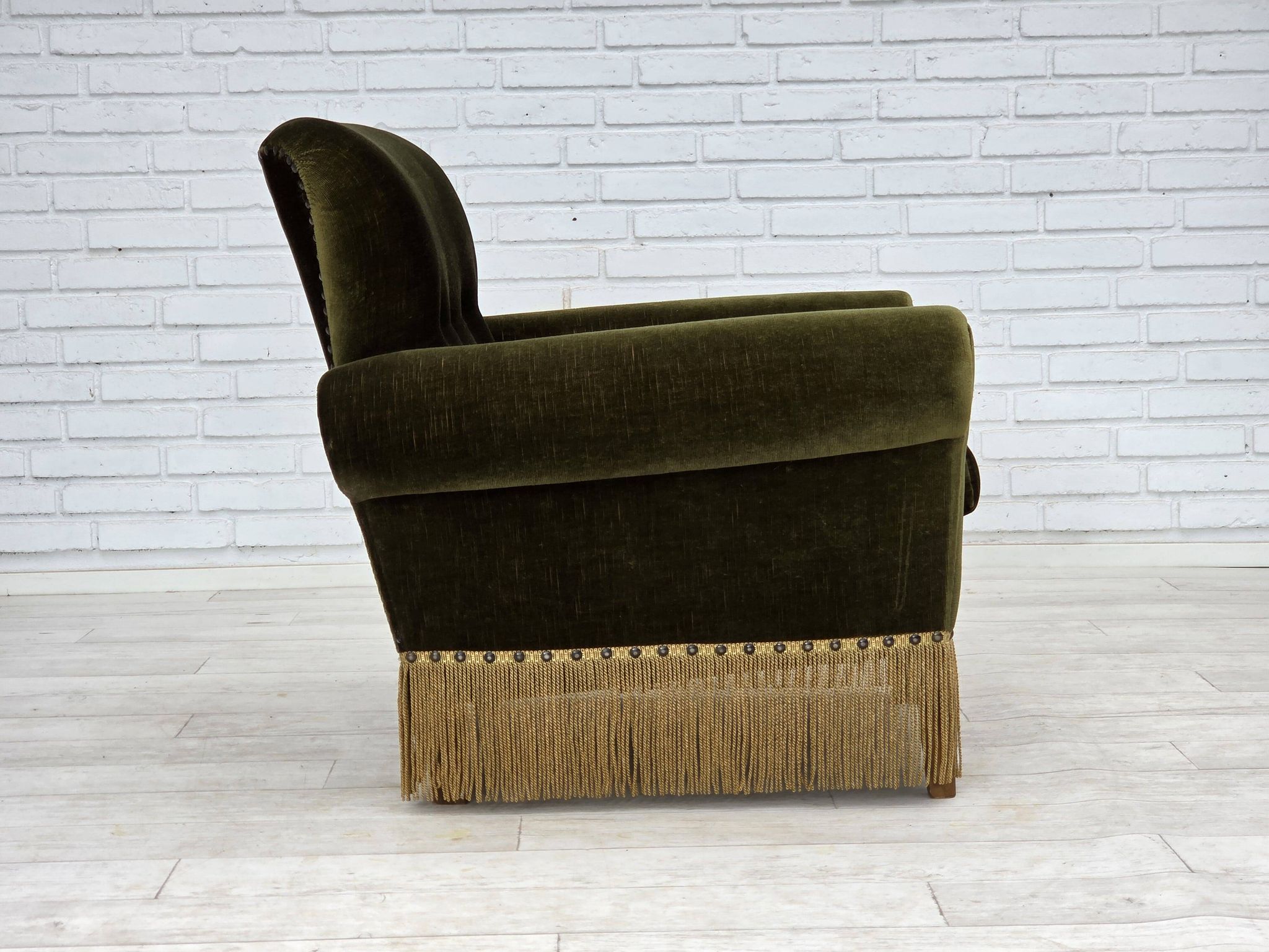 1970s, Danish lounge chair, low, furniture velour, ash wood legs.
