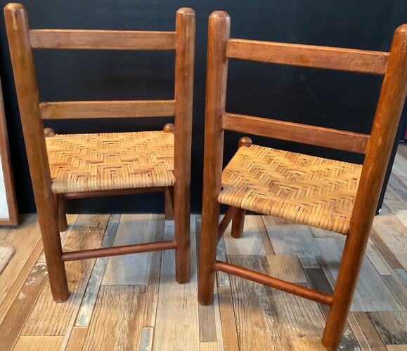 Paire de chaises enfant vintage en bois et rotin