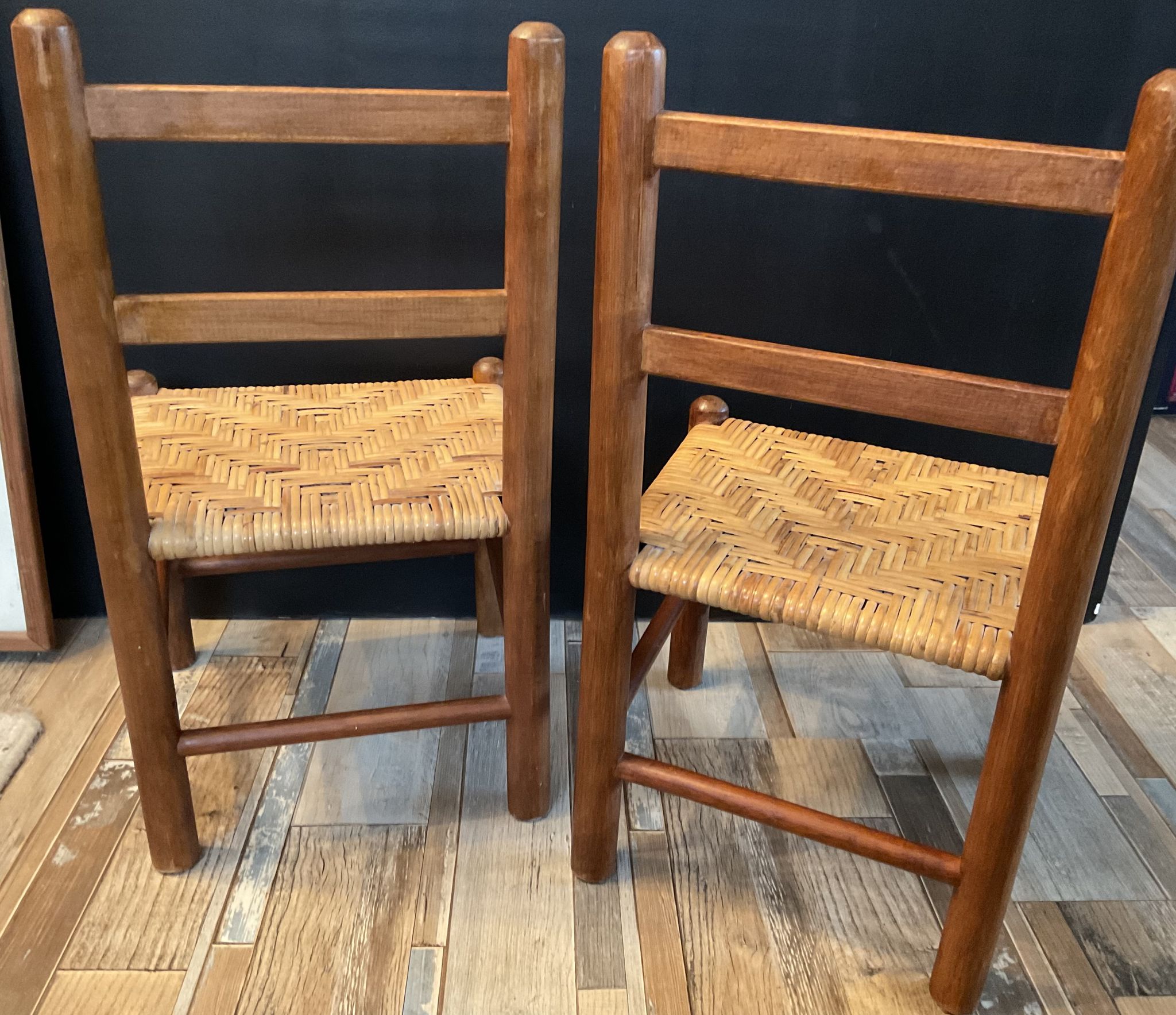 Pair of vintage children's chairs in wood and rattan