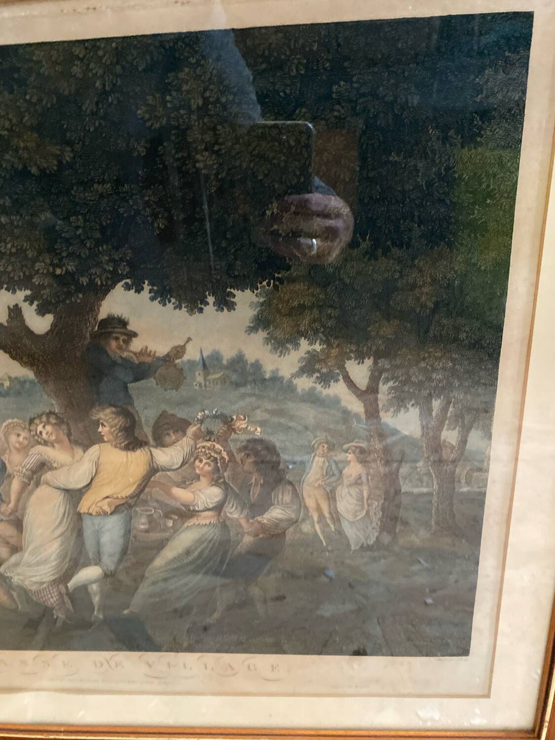 Ancienne gravure a. chaponnier la danse de village paris + cadre bois #b543