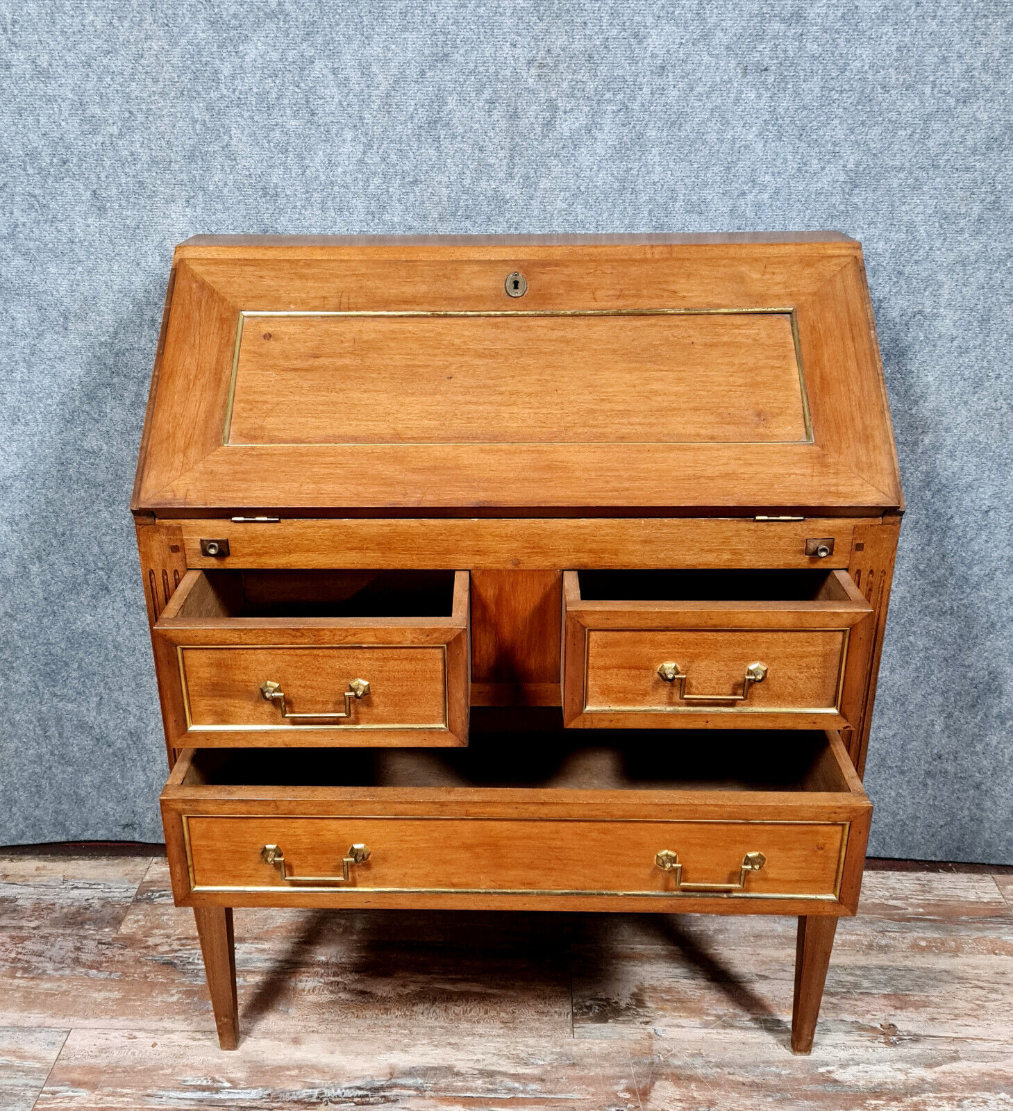 Louis XVI scriban desk in walnut and copper rushes circa 1900