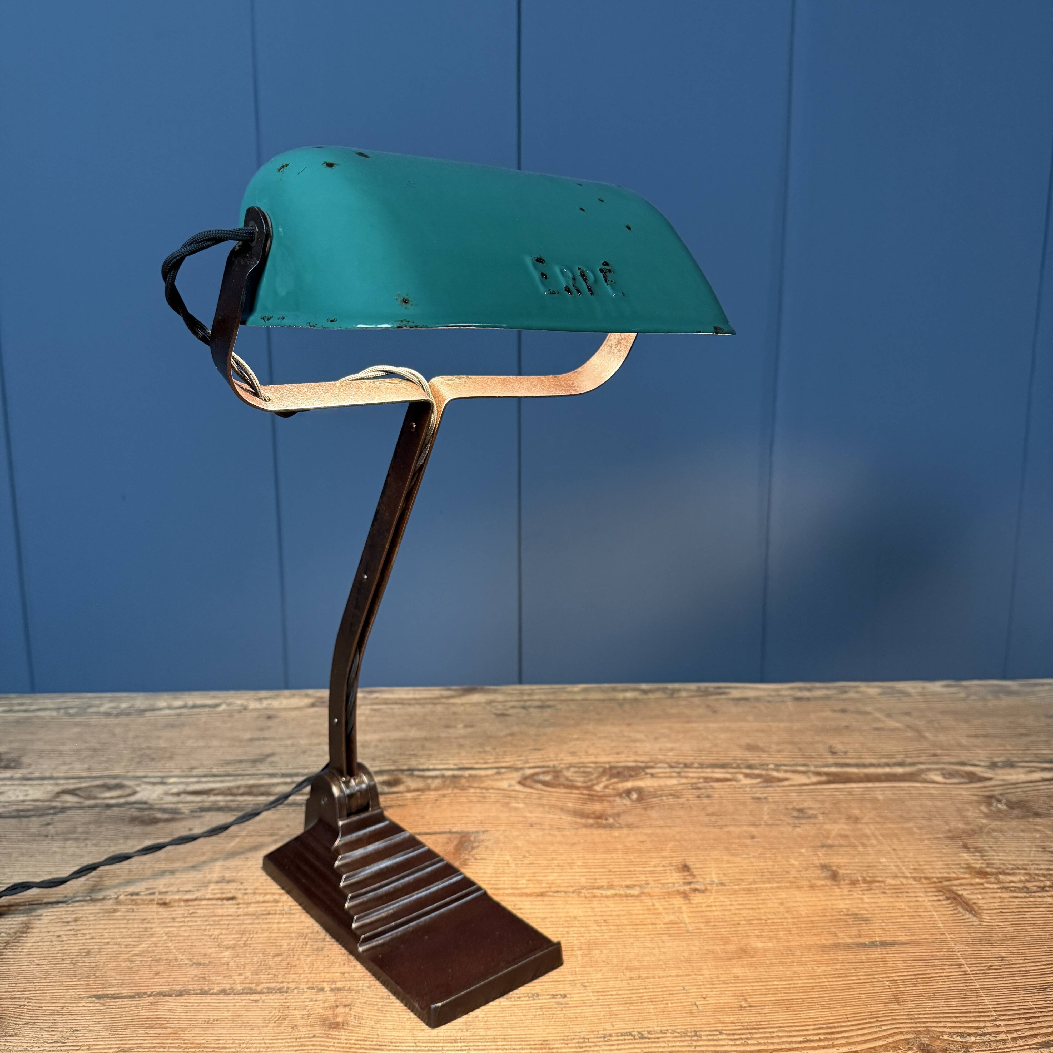 Erpé banker’s lamp with a turquoise enamel shade.