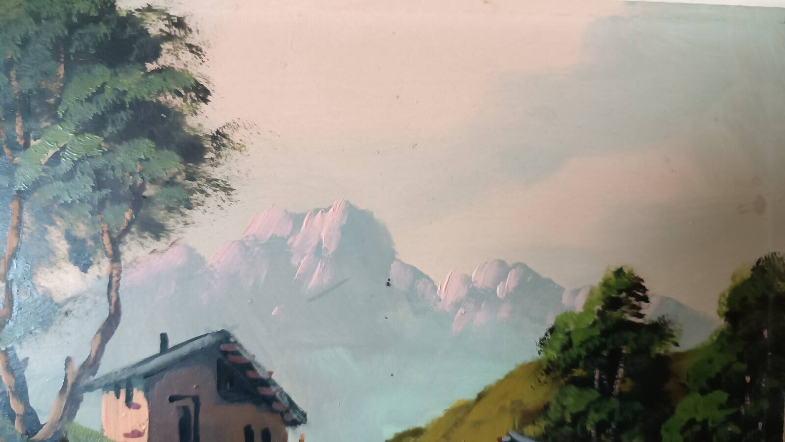 Oil painting on faesite from the 50s signed roos mountain landscape