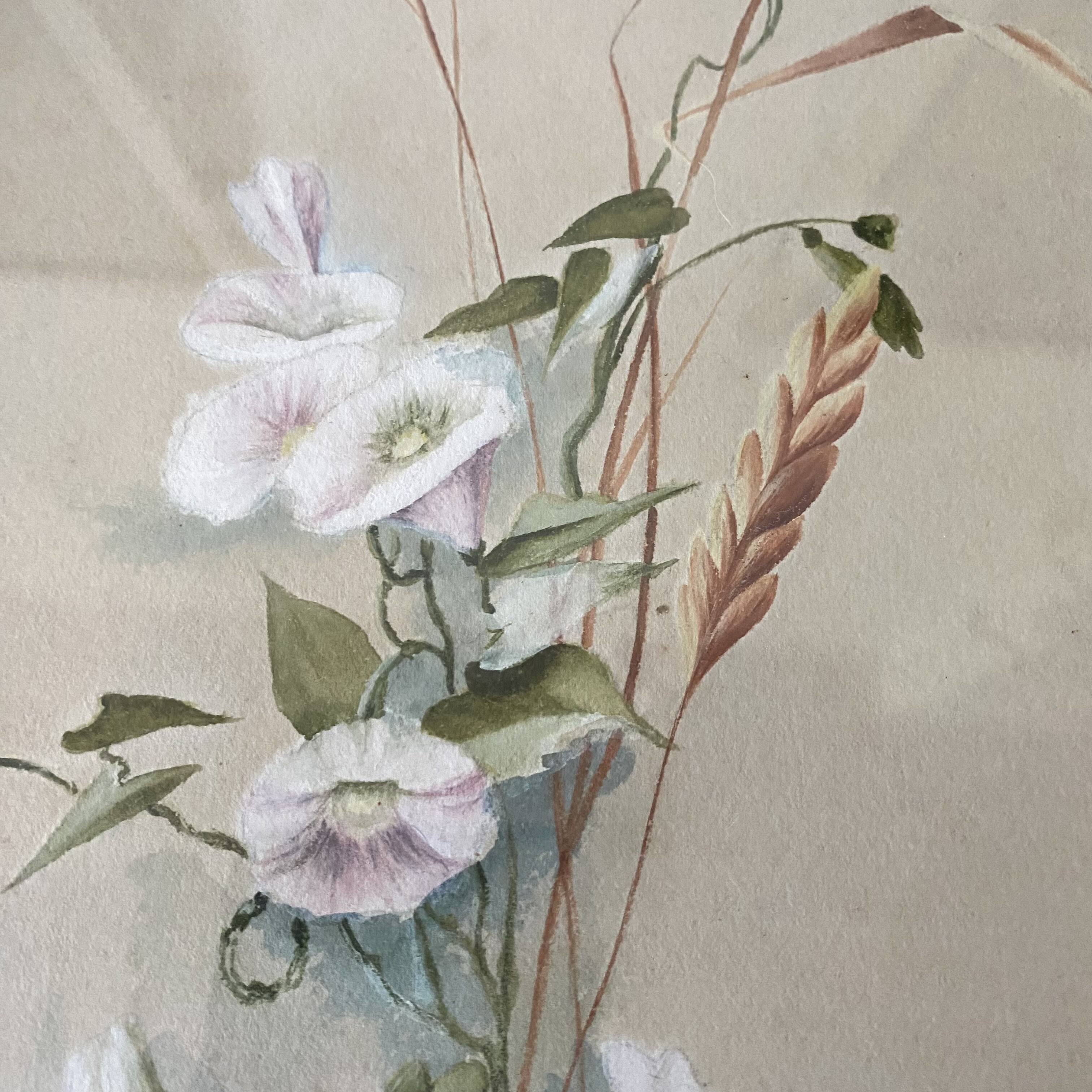Triptych of old watercolors, flowers, 19th century
