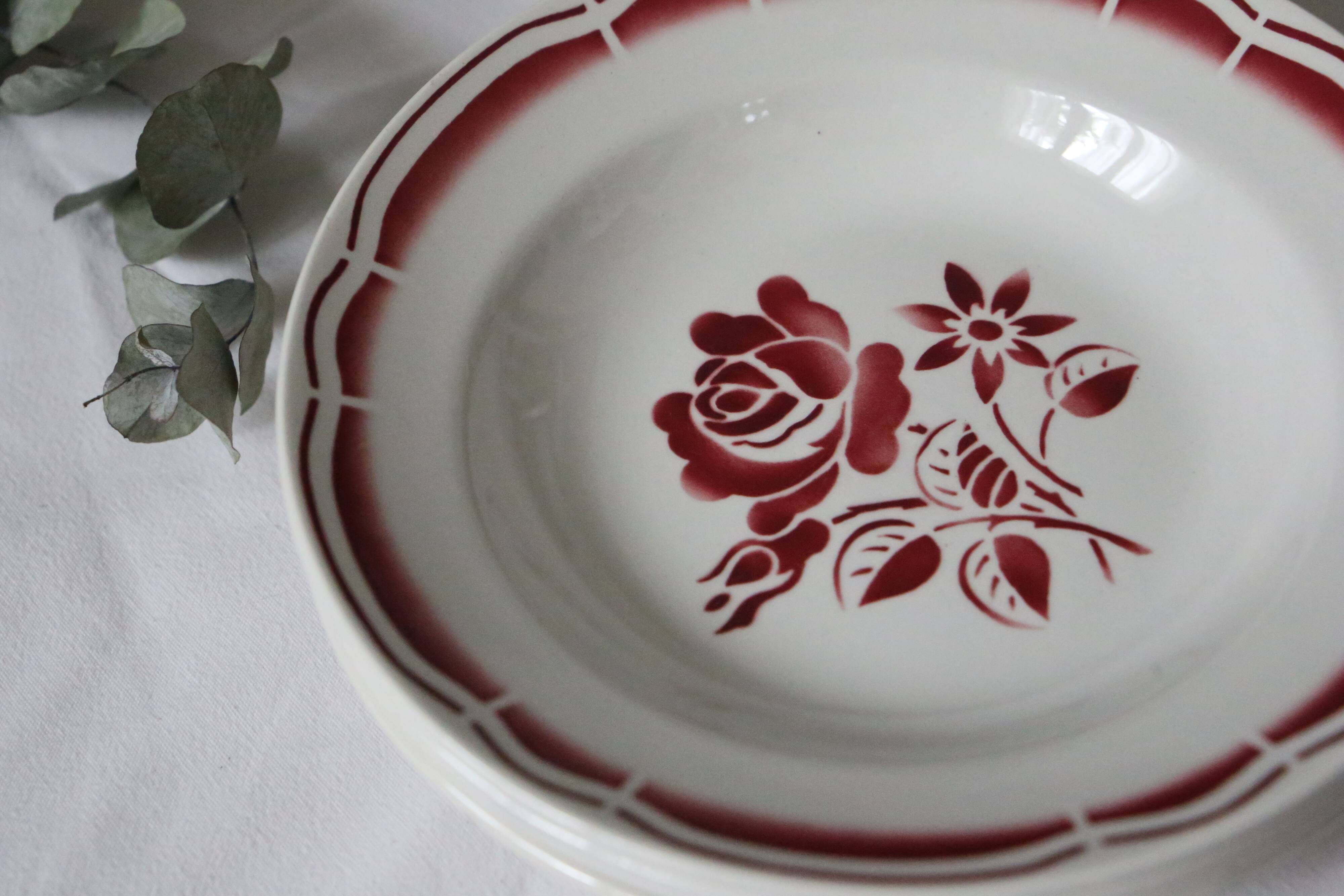 Set of 4 hollow plates Badonviller, red, vintage French, authentic, rare, countryside