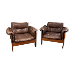 Paire de fauteuils club danois en cuir, 1960's