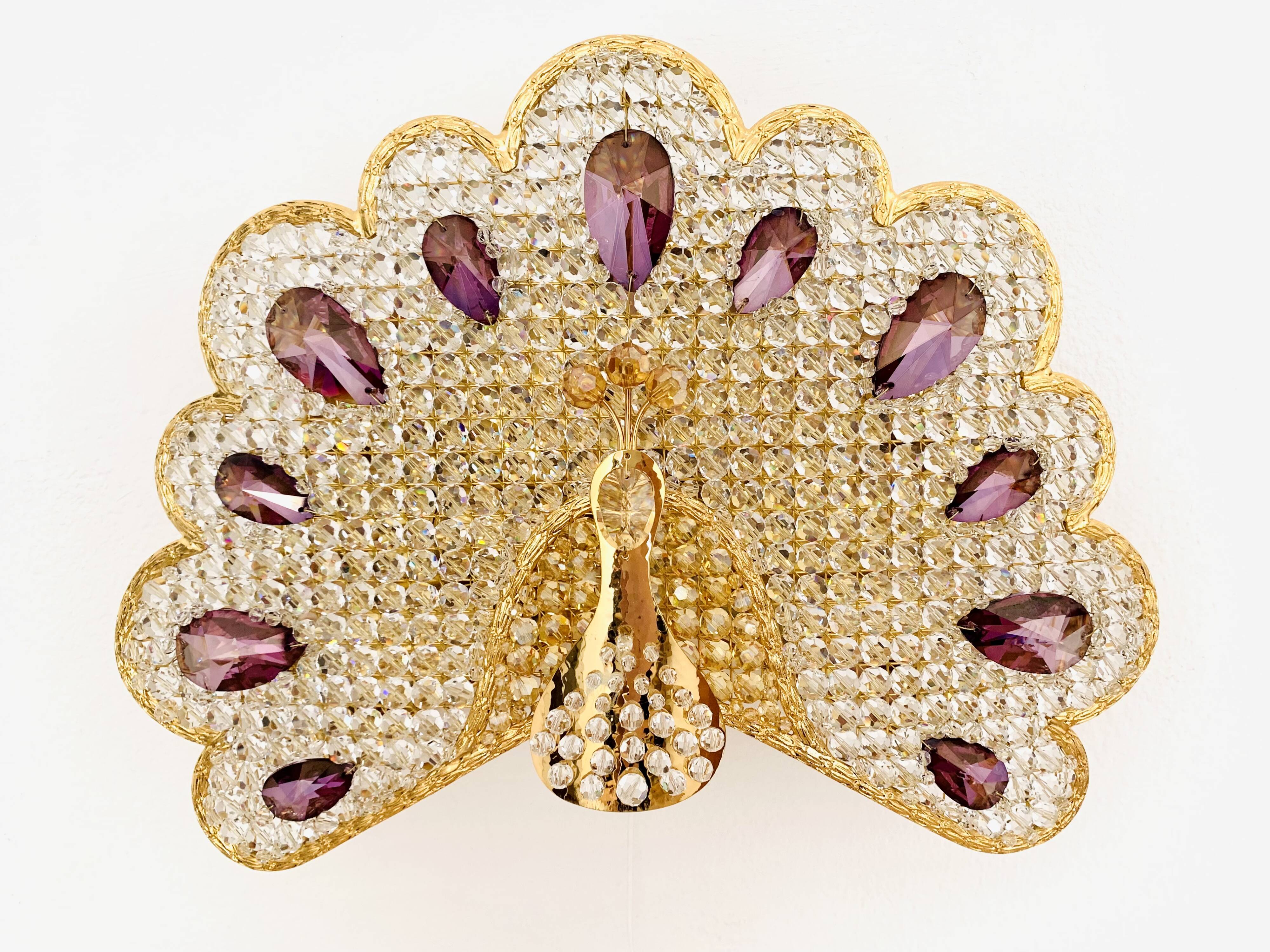 Ensemble de 2 appliques murales en verre cristal en forme de paon de Palwa