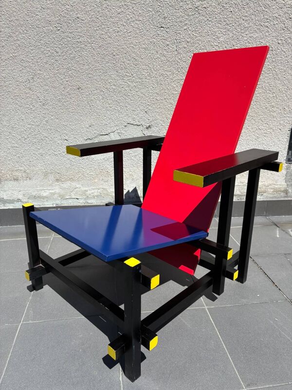 Chaise Rouge Bleue Vintage Gerrit Rietveld   Icône De Stijl Bauhaus Design 1918