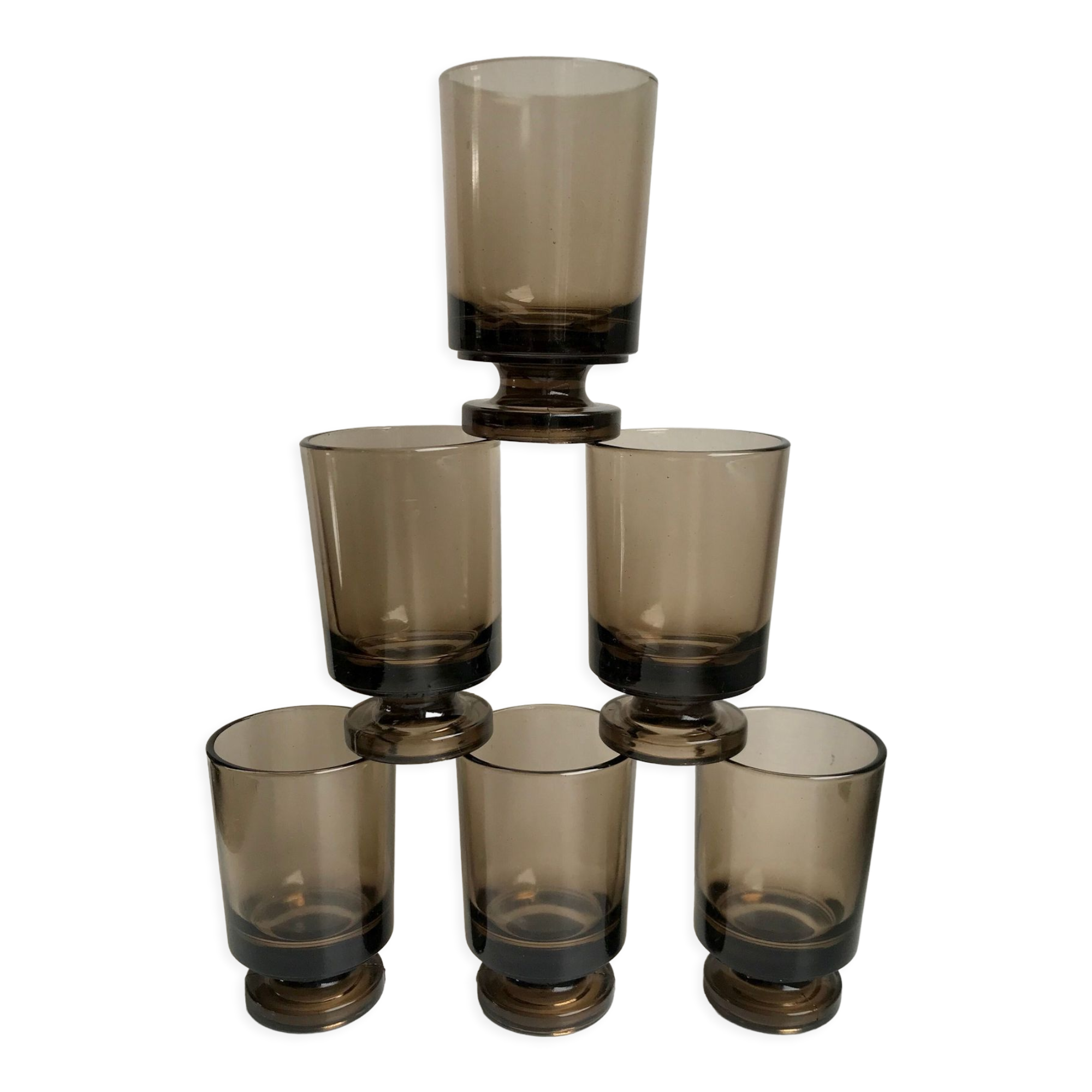 Set of 6 glasses with liqueur in smoked glass design 70s