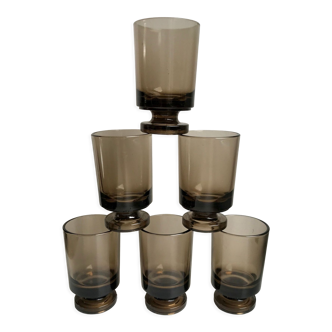 Set of 6 glasses with liqueur in smoked glass design 70s