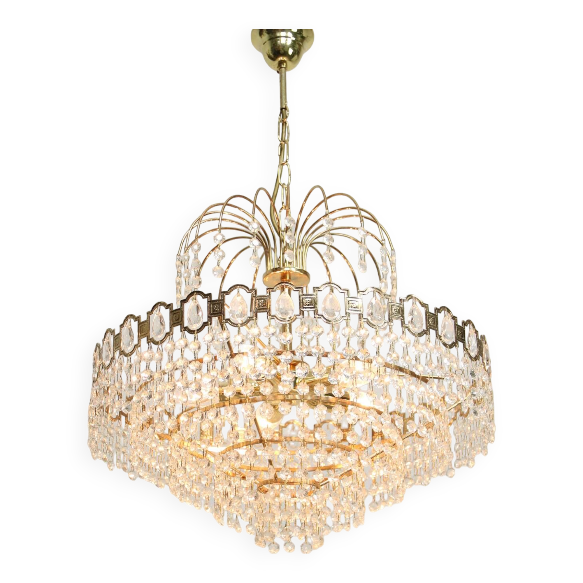 Vintage Italian Crystal and Golden Metal Chandelier, 80s