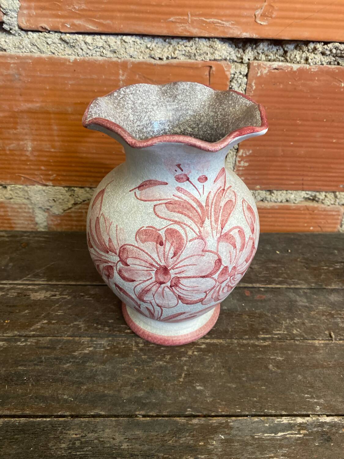Vintage White Ceramic Vase with Pink Flower Decoration Made in Italy