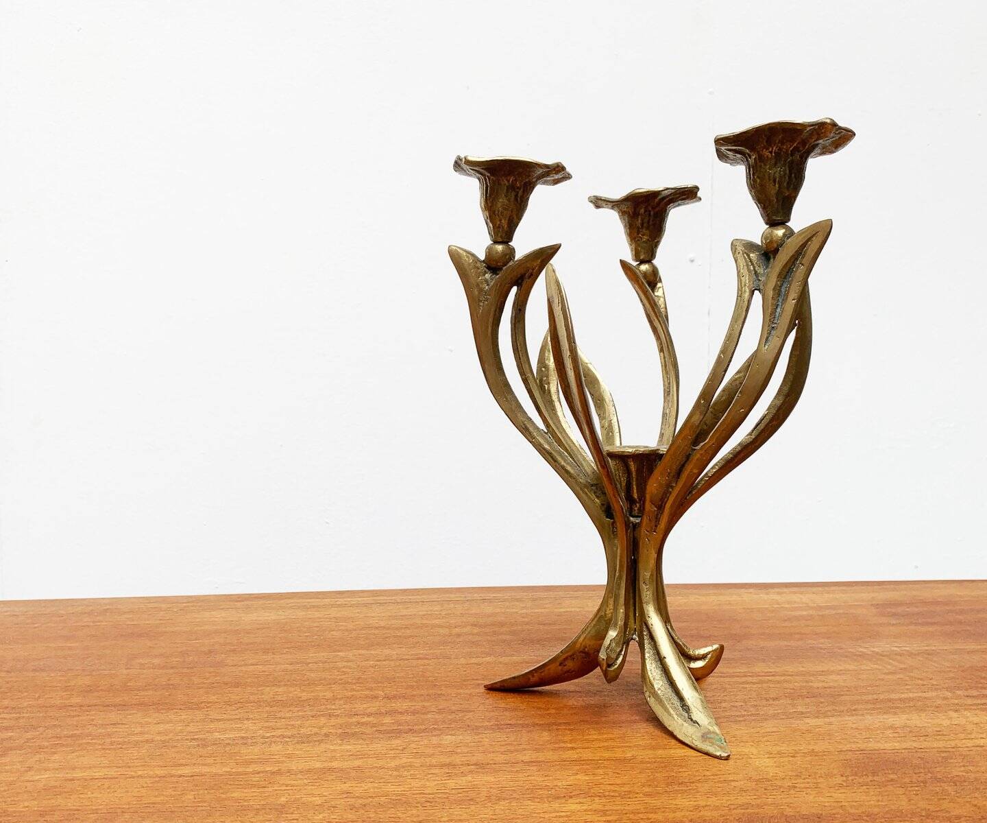 Vintage brutalist floral metal candlestick