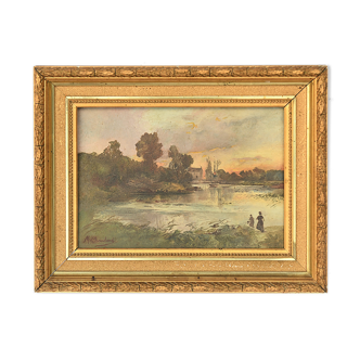 Huile sur toile paysage animé